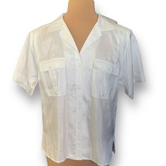 Vintage Elle’s Belles Button Down Shirt Short Sleeve White Sheer Blouse Collared - Picture 9 of 9
